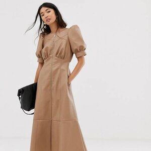 ASOS DESIGN leather look puff sleeve zip through midi dress